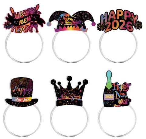 Falafoty 2025 Frohes Neues Jahr Tiara Stirnband, 6 Stück Kopfschmuck Silvester Haarreif Party Dekoration, Neujahr Party Kopfbedeckung Foto Requisiten Papier Hut, Neujahr Atmosphäre Dress Up (Bunt)
