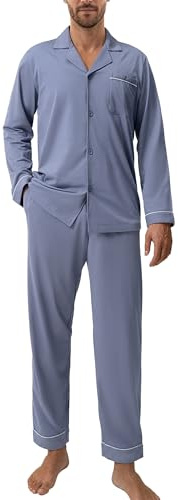 DAVID ARCHY Pigiama da Uomo in Cotone Pigiama da Notte Camicia a Maniche Lunghe e Pantaloni Lounge con Tasche con Bottoni, Morbido e Confortevole