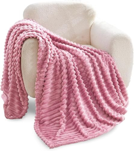 GC GAVENO CAVAILIA Ribbed Blanket Throw | Fluffy Fleece Throws For Sofas, Bed, Settee, Couch | Comfortable Extra Large Blankets & Throws | King Size 200x240 Cm | Blush Pink