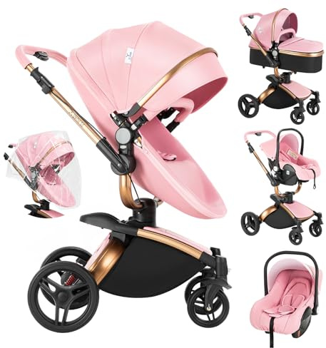 Veitoalioy Cuero PU Carrito Bebe 3 en 1, 360°Giratorio Asiento Cochecito Plegable, Cochecito de Bebé Conveniente y Multifuncional, Plegable Carrito de Paisaje Alto (906 Pink)