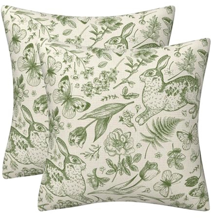 DILOXNSU Cushion Covers 45 x 45 cm Sage Green Set of 2 Rabbit Bunny Garden Floral Butterfly Plants Double Sided Print Cushions Cases 18x18 Inch Decorative Pillow Cover for Sofa Outdoor Couch Decor