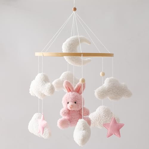 Promise Babe Baby Mobile Babybett Halterung Holz Babybett Mobile Halterung WickeltischBaby Spieluhr Weiße Wolken Mond rosa Kaninchen Anhänger Mobile Babyzimmer