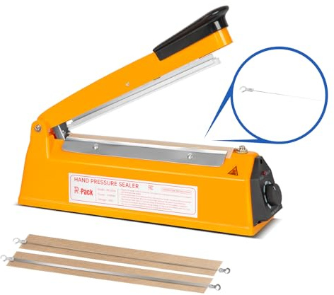 R-PACK Impulse Heat Sealer with Hot Cutting Wire, Manual Seal and Cut Shrink Wrap Machine for Soap, Bath Bomb, Bakery and Gift Packaging, 8-Level Timer, 2 Extra Replacements, (8 Inch,Orange)