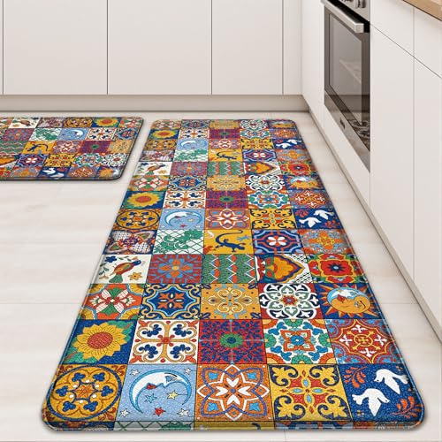 Tritard Boho-Küchenmatten für den Boden, bunte Keramik-Küchenteppiche, rutschfest, wasserdicht, Anti-Ermüdungs-Matten für Küche, Boden, PVC, Küchenbodenmatte für Waschbecken, Wäsche, Büro, 44 x 71 cm
