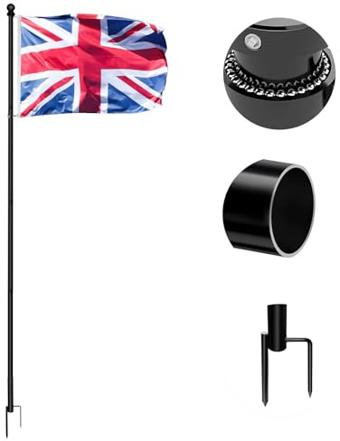 Yard Flag Pole Kit in Ground with Weighted Iron Pronged Base,245cm Thickened Aluminum Flagpoles for House,Portable Tangle-Free Outdoor Flag poles for Camping,Residential,Commercial.(Including UK Flag)