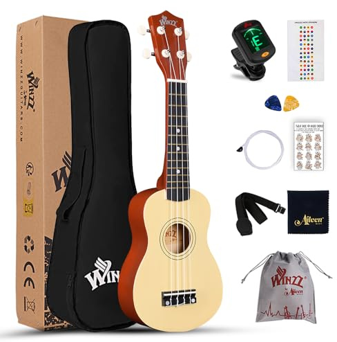 Winzz Sopran Ukulele Starter Kit für Anfänger, mit Tasche, Clip-On Tuner, zusätzlichen Saiten, Gurt, Plektron, Griffbrettaufkleber, Akkord-Karte, Poliertuch, Natur