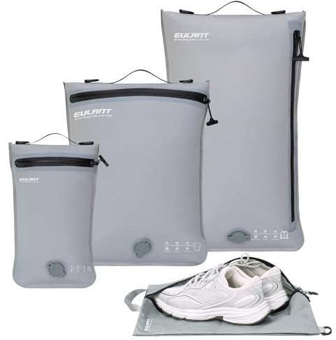 EULANT Kompressions Packwürfel Set 4 für Koffer, 3 Stück Wasserdicht Vakuumbeutel + 1 Schuh Tasche, Reisepack Organizer für Handgepäck, IPX8 Luftdichtem Reißverschluss & Ultraleicht