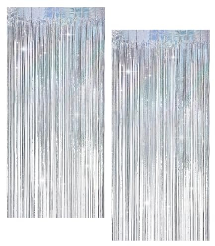 2 Lametta Vorhang Silber Glitzer, Deko Hochzeit Luftschlangen, Party Deko Vorhänge 1m X 2.5 M, Glitzer Vorhang Geburtstag Hintergrund, für Festival Zubehör Jga Deko Discokugel