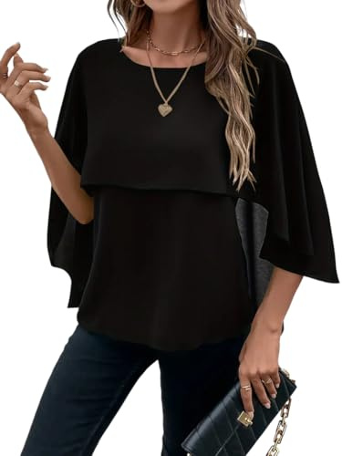 ORANDESIGNE Chemise Mousseline Femme Été Chemisier Chic et élégant Blouse Manches en Cape Haut Col Rond Fluide Tunique Grande Taille A Noir XXL