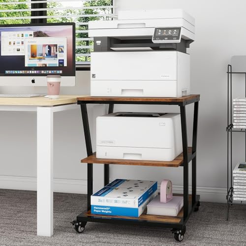 PUNCIA Soporte para Impresora con Ruedas 50 x 50 cm Mesa para Impresora de 3 Niveles Móvil de Madera y Metal Carro para Organización con Estantes de Almacenamiento para Oficina Hogar Escuela (Retro)