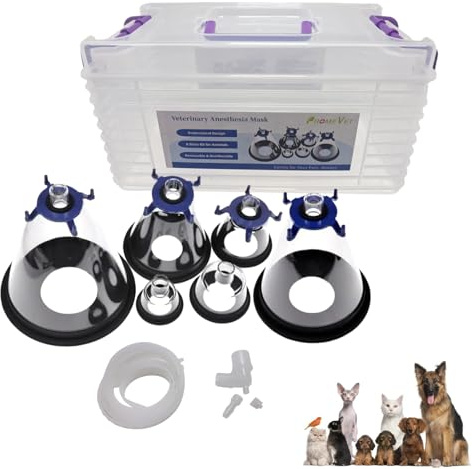 PROMEVET Veterinary Anesthesia Mask Set - 6 Sizes for Dogs/Cats/Birds/Pets - Anesthetic Accessory, Fits Standard Anesthesia Machines - Easy to Clean & Storage Box Included (Animal Use Only)