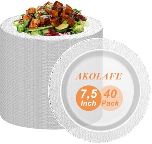 AKOLAFE 40 vita plasttallrikar med silverkant, 19 cm återanvändbara plasttallrikar stabil plasttallrik återanvändbar platsplatta för bröllop, fest, födelsedagar, jul