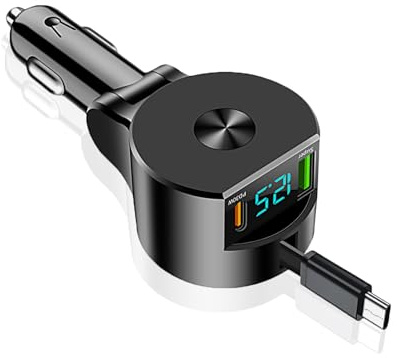 VGE 75W Einziehbares Auto Ladegerät, KFZ Zigarettenanzünder Adapter, 12v/24V USB C Autoladegerät, Schnellladegerät 3 Geräte Gleichzeitig, Car Charger für iPhone 15 16, Android, Galaxy S24 S25, GPS
