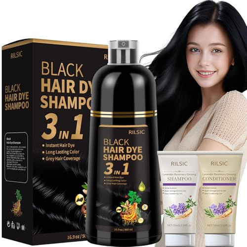 RILSIC Shampoo Colorante, 500ml Hair Dye Shampoo 3 in 1 & 50ml Shampoos & 50ml Balsamo, Colorante Tinta Capelli Istantaneo, Naturale Hair Color per Donna Uomo (Nero, 600ML)