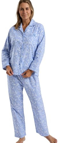 Marlon Womens Blanche Printed Brushed Cotton Piped Revere Collar Pyjama, Pretty Blue, 16-18