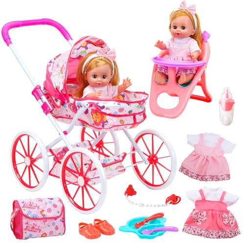 cute stone Babypuppen-Spielset mit Kinderwagen für Mädchen – Rollenspiel-Babypflegeset mit Hochstuhl, Kleidung und Zubehör