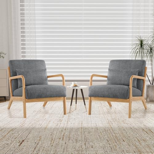 XH.Easy Go 2er-Set Accent Sessel mit Kissen,Moderner Polstersessel für Wohnzimmer,Lounge-Stuhl mit Armlehnen&Holzrahmen,bequemer Lesesessel,Stoff Dunkelgrau