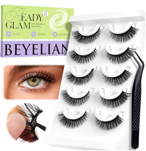 BEYELIAN Self Adhesive Eyelashes Natural Pre-glued Lashes No Glue Needed Eyelashes Cat Eye Lashes Reusable Self Adhesive Lashes 5 Pairs (HX55)