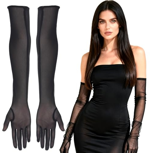 2Pcs Long Black Sheer Gloves Mesh Stretchy Tulle Long Lace Opera Formal Glove 1920s Accessories Tea Party Accessories Elbow Length Ladies Wedding Outdoor Party Opera Halloween Costume Dance Gloves