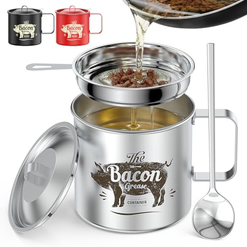 PGYARD Mini Bacon Grease Saver With Strainer - 20 OZ Stainless Steel Oil Container, Farmhouse Bacon Grease Keeper For Kitchen Fat Storage, Dishwasher Safe-Silver