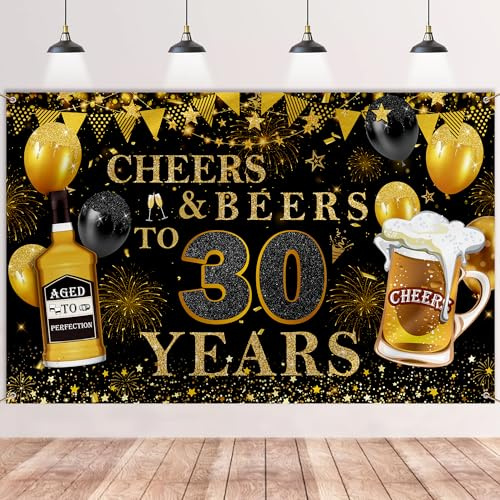 30. Geburtstag Deko Banner Frauen Männer - Schwarz Gold Cheers & Beers to 30 Years Hintergrund Banner, Große Geburtstagsbanner Für 30 Jahre Geburtstagsdeko 180 X 110cm
