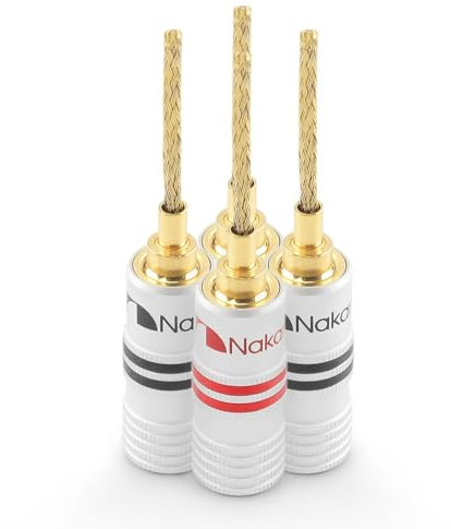 Nakamichi GrubLock Excel-Serie 24 Karat vergoldete 2-mm-Flex-Pin Bananenstecker, 10 AWG – 18 AWG Kabel, 4 mm Dicke, für Lautsprecherverstärker, Audiokabel, Stecker schraubbar, 4 Stück (2 Paare)