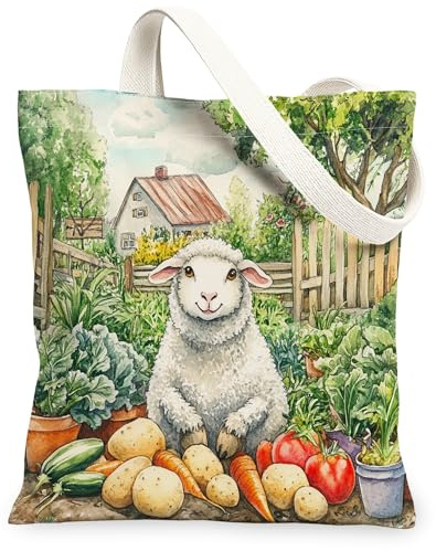 Spring Sheep Gardening Canvas Tote Bag for Shopping 13x15, Animal Farmhouse Country Reusable Grocery Print Pattern Bag for Women, Planting Aesthetic Painting Gift Decor