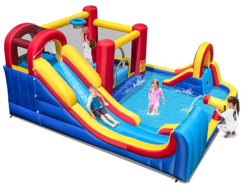 COSTWAY Inflatable Water Park, Kids Bouncy Castle with Double Slides, 2 Splash Pools, Water Cannon, Climbing Wall & Basketball Hoop, Outdoor Blow Up Bounce House for 3+ Years Old (without Blower)