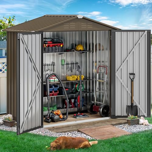 YITAHOME Metall Geräteschuppen Gerätehaus Gartenhaus Gartenhütte,Braun | 171x87x184cm|6x4 klein|Rasenmäher Gartenschuppen|Satteldach|Abschließbar|4 Lüftungsöffnungen|Gartenhaus mit Tür|Wetterfest