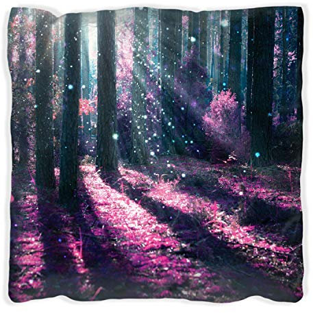 Wallario Dekokissen 60 x 60 cm mit schwarzer Rückseite, Fantasie im Wald - Pinke Blumen in der Sonne, Kuschelkissen mit weicher Plüsch-Oberfläche