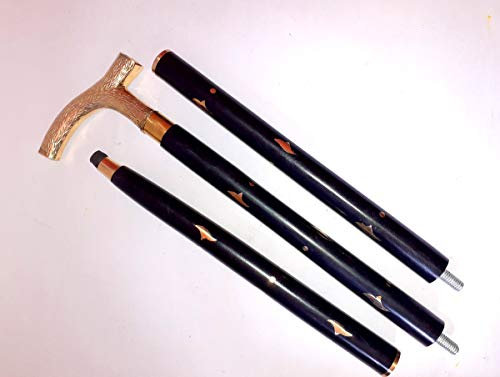 Gehstock, 91,4 bis 94 cm, Antiker gebogener Griff, massives Messing, zusammenklappbar, Vintage-Design, Hartholz, Goldfarben / Schwarz
