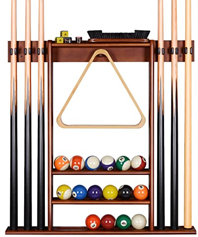 Support de Queue de Billard, Support Mural de Baton de Billard avec Support de Rangement, Bois Massif, Support de Billard 6 Trous et 15 Porte-balles, pour Centre de Divertissement de Gym