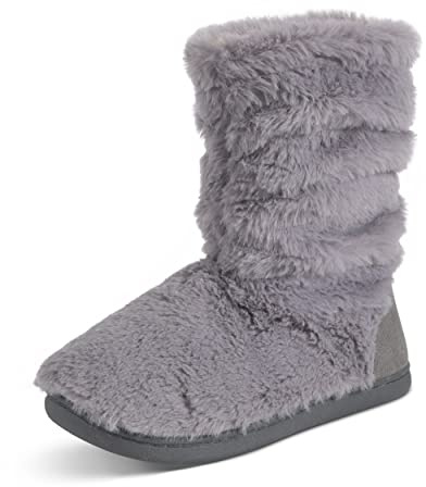 Polar Damen Hausschuhe Stiefel mit Sherpa-Futter – Memory Foam Indoor Bootie Slipper mit rutschfester Gummisohle – weiche, warme und flauschige Hausschuhe – Stiefelette Slipper, graues Fell, 39 EU