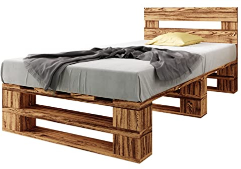 sunnypillow Palettenbett M2 aus Holz 100 x 200 cm mit Kopfteil und Lattenrost Stabiles Holzbett Seniorenbett Kinderbett erhöhtes Einzelbett Bettgestell Futonbett Komforthöhe Geflammt