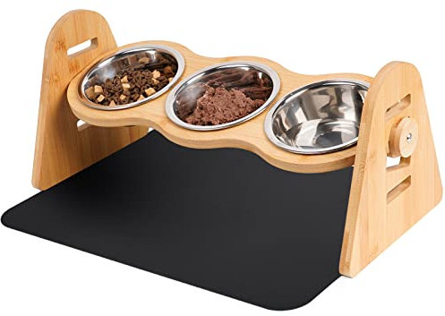 Tedsrewa Gamelle pour chien ou chat à hauteur réglable,4 hauteurs,300 ml chacune,séparation sèche et humide,étagère en bambou,bol à nourriture sèche,bol à nourriture humide,bol à eau,avec napperon