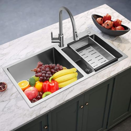 Fregadero de acero inoxidable para 2 cuencos, empotrable, 78 × 43 × 21 cm, fregadero doble con sobre y desagüe
