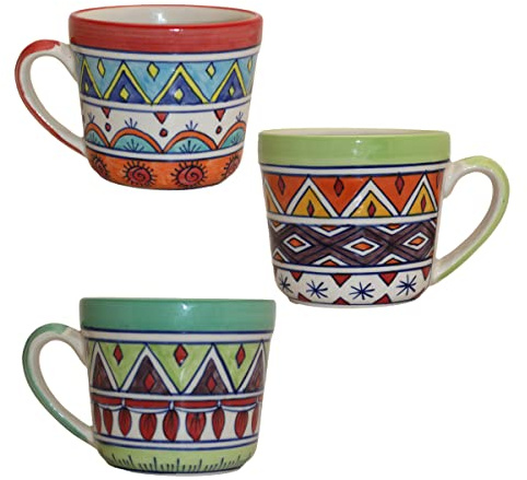 Gall&Zick Handbemalte Bunte Kaffeetassen Groß XL in Einem 3er Set, Steingut, 450ml, Keramik, Ethno
