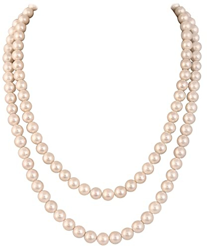 Ratnavali Jewels Perlenkette 2 zweizeilige 8 mm weiße runde Perle lange Halskette Set mit Verschluss hinten für Frauen/Mädchen, Perle, Perle