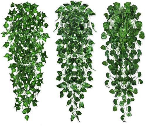 ROLLWAY 3 Stück Kunstpflanze Hängend, Hängepflanzen 96cm Gefälschte Efeu Künstliche Pflanzen Rebe Grünpflanze, Balkonpflanzen Plastikpflanzen für Indoor Outdoor Garten Wanddekoration