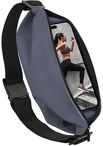 moex Lauftasche Jogging für iPhone 14 Plus Handytasche zum Joggen, Handy Laufgürtel, Bauchtasche Sport Laufgurt Fitness Running Belt, Sportgürtel Hüfttasche, 1 Fach, Grau