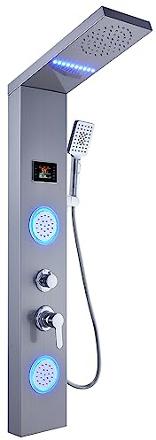 ELLO&ALLO Shower Panel System Tower, LED Rainfall and Mist Head Rain Massage Stainless Steel Bathroom Fixtures with LED Body Jets, Brushed Nickel