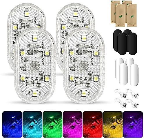 4Pcs RGB Éclairage Intérieur de Voiture, Lumières Intérieures de Voiture sans Fil,Eclairage d'ambiance pour l'intérieur,Lampe Tactile 7 Couleurs LED, Plafonnier Rechargeable USB
