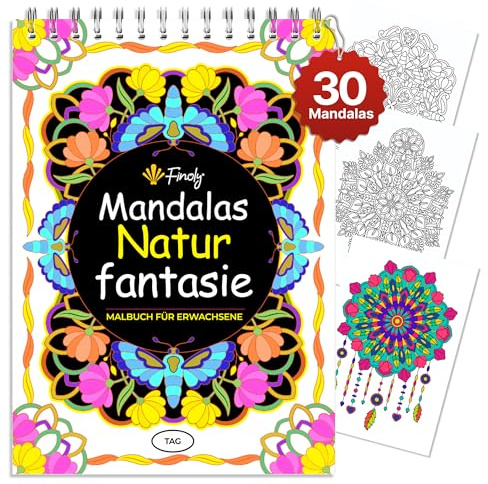 Finoly Libro Mandalas Colorear Adultos Reduce el Estrés | Cuadernos Mandalas Adultos y Niños para Relajarse | Mandalas para Colorear en Tamaño A4 | Papel Premium Encuadernación Espiral Mindfulness