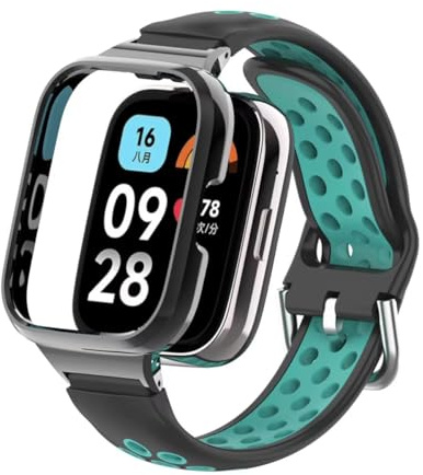 T-BLUER Armband kompatibel mit Xiaomi Redmi Watch 3 Active, Silikon, atmungsaktiv, zweifarbig, Edelstahl-Metall-Schutzrahmen, Armband, Zubehör für Redmi Watch 3 Active, Silikon