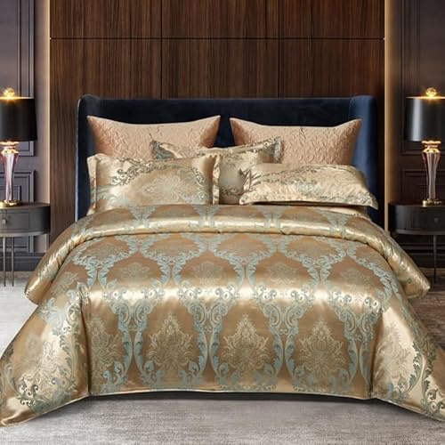 DXHOME - Set di biancheria da letto in satin 200 x 220 cm, oro, liscio e lucido, set di biancheria da letto reversibile di lusso, 3 pezzi, con motivo jacquard a fiori, copripiumino con cerniera e 2