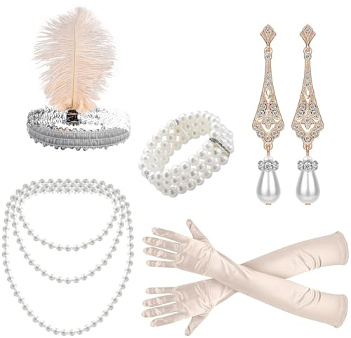 BDSHUNBF 5 Teiliges 20er Jahre Accessoires, 1920er Jahre Zubehör Set, 1920s Flapper Great Gatsby Accessoires, Charleston Kostüm 1920 Zubehör-Set, Stirnband Handschuhen Halskette Ohrringen für Fraue