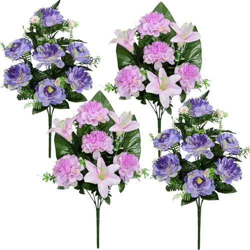 SIFOEL Künstliche Friedhofsblumen, 4 Stück, künstliche Grabschmuck, violette Blumen für Friedhof, Friedhof, Dekoration, Vase ist nicht im Lieferumfang enthalten
