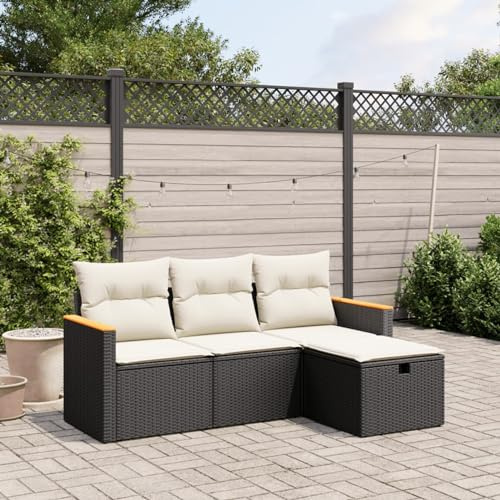 SECOLI Balkon Lounge Balkonmöbel Keiner Sofa Outdoor Gartensofa 3-Sitzer Gartenmöbel-Set Ecksofa Garten Balkonlounge Rattan Polyrattan Lounge Gartenlounge Terrassenmöbel Schwarz 4-tlg-Type-32