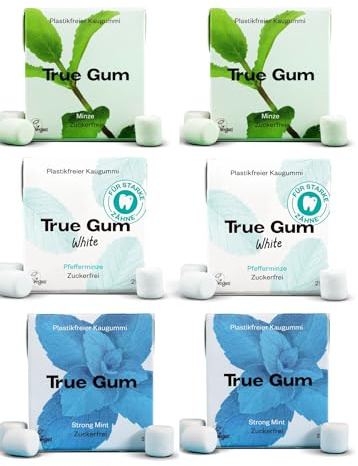 True Gum PROBIERSET MINZE - 3 Sorten | Plastikfreier Kaugummi | Biologisch Abbaubar | Vegan | (2x pro Sorte: Minze, Strong Mint, White) | 6 x 21g, 126 g