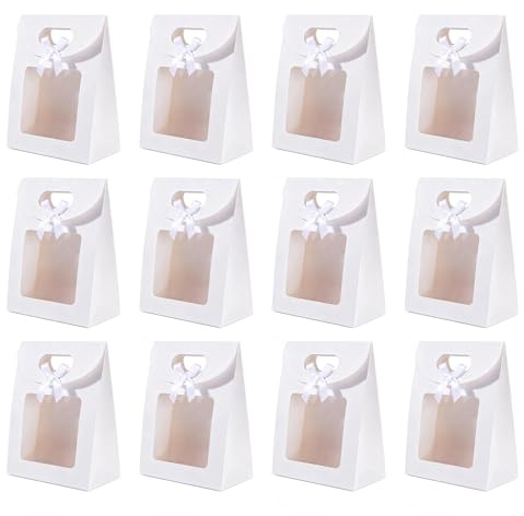 NIYATA Geschenktüte, transparent, mit Fenster, weiß, klein, 20 x 14 x 7 cm, mit Griff, zum Verpacken von Geschenken, Keksen und Süßigkeiten (12 Stück)